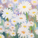 "Large Floral Wallpaper Featuring White Daisies in Spacious Kids' Playroom with Minimalistic Decor"