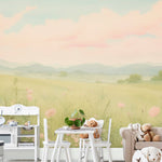 "Pastel Colored Countryside Mural in Children's Playroom with Plush Toys and White Furniture"