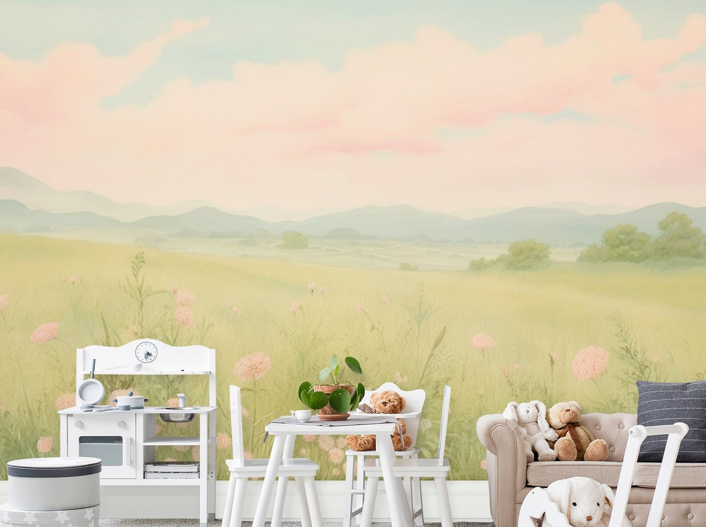 "Pastel Colored Countryside Mural in Children's Playroom with Plush Toys and White Furniture"
