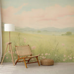 "Soothing Countryside Wallpaper in Reading Nook with Comfortable Armchair and Natural Light"