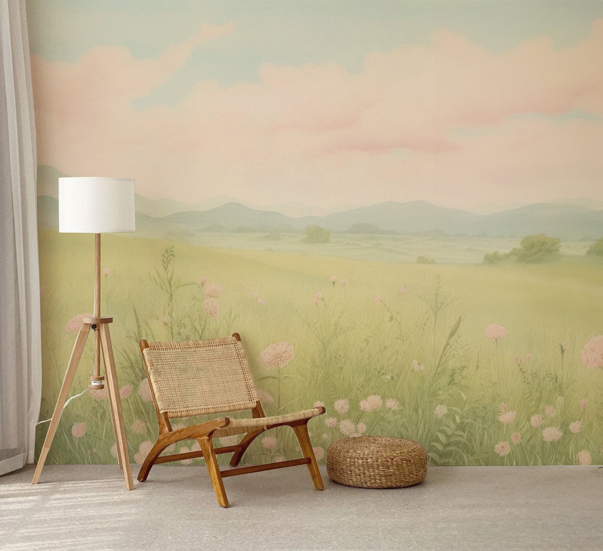 "Soothing Countryside Wallpaper in Reading Nook with Comfortable Armchair and Natural Light"