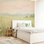 "Panoramic Countryside Mural Panels in Soft Pastels for a Calming Room Atmosphere"