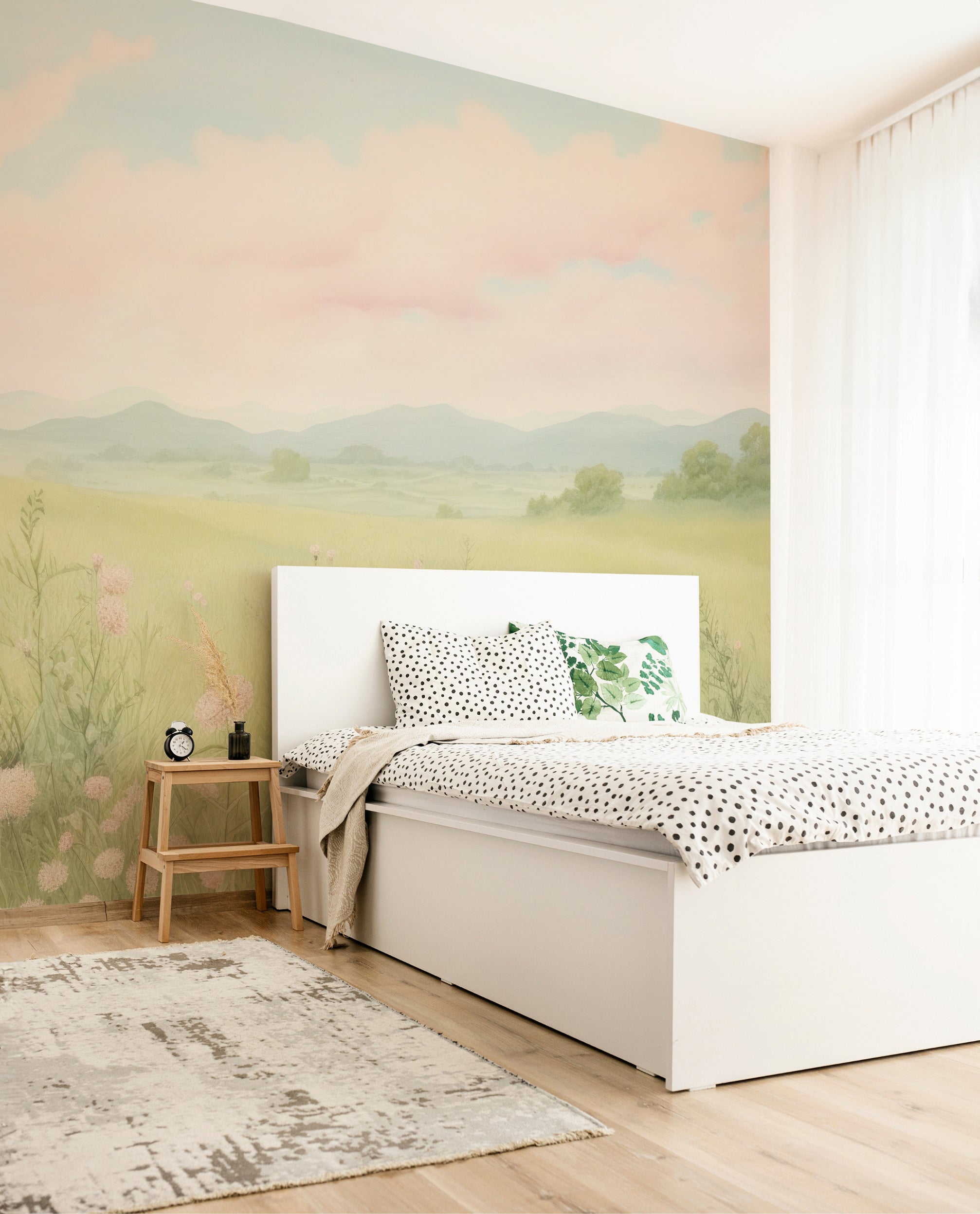 "Panoramic Countryside Mural Panels in Soft Pastels for a Calming Room Atmosphere"