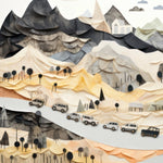 "Creative Mountain Landscape Wall Mural in Kid's Room with Playful Road and Car Theme"