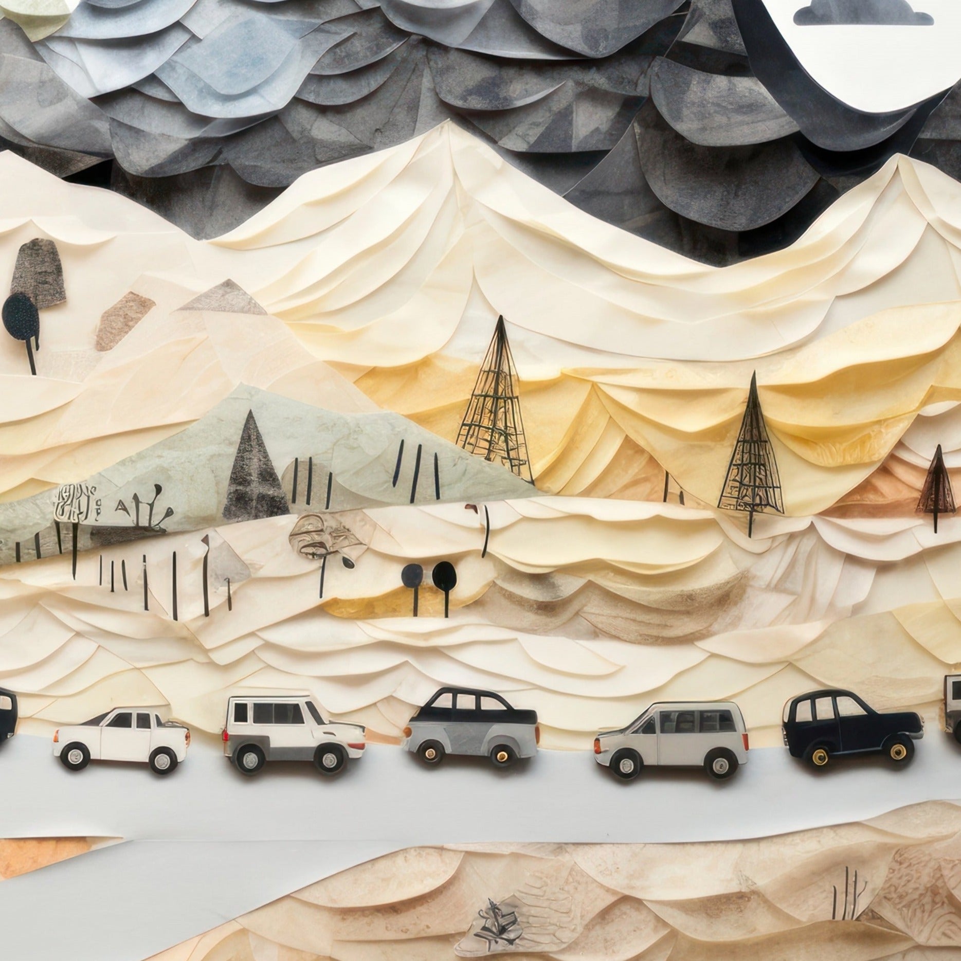 "Creative Mountain Landscape Wall Mural in Kid's Room with Playful Road and Car Theme"