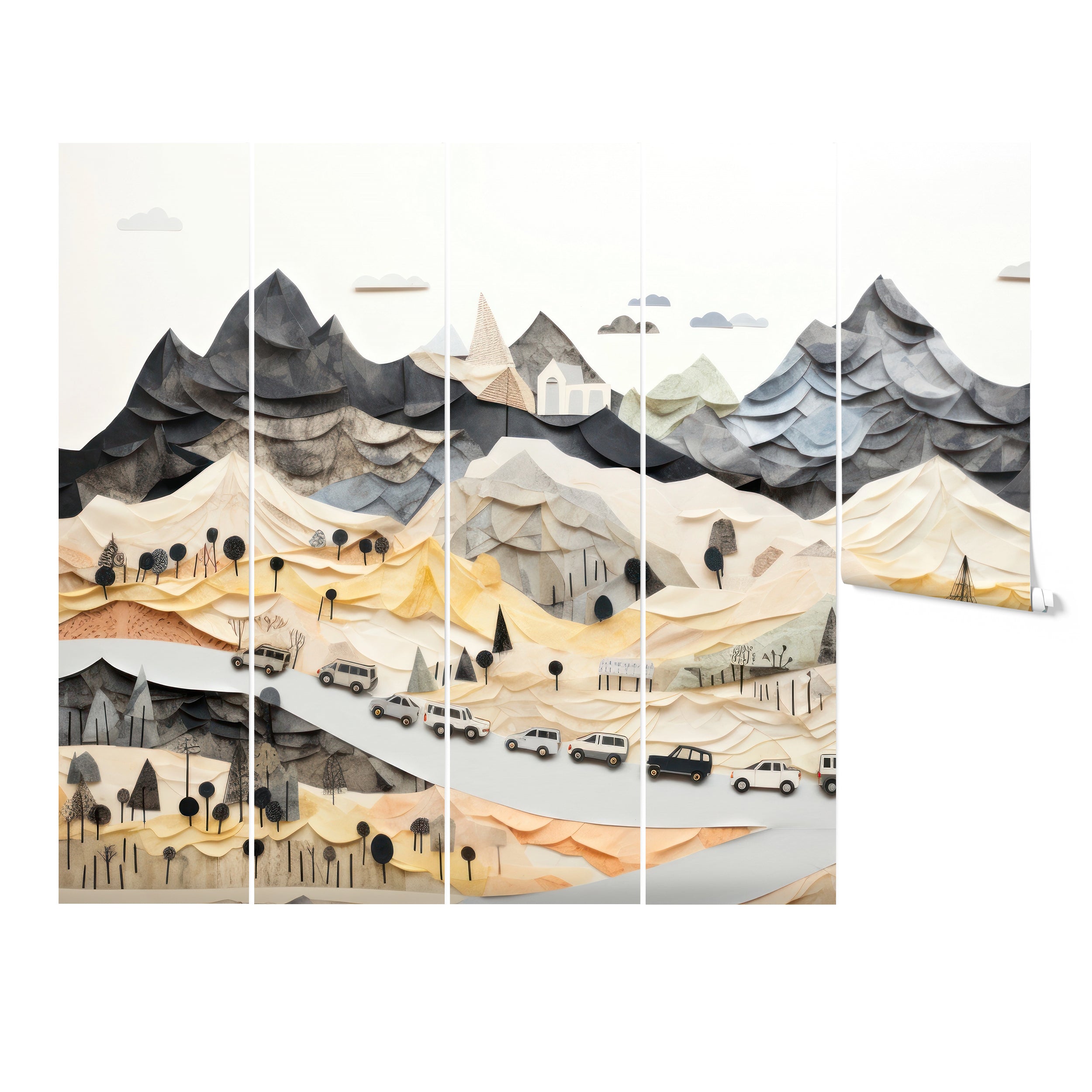 "Panels of Mountain Town Mural with Detailed Paper Craft in Stylish Home Office"