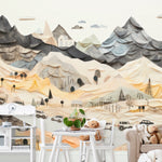 "Three-Dimensional Paper Art Mountain Mural in Modern Living Space with Elegant Furniture"