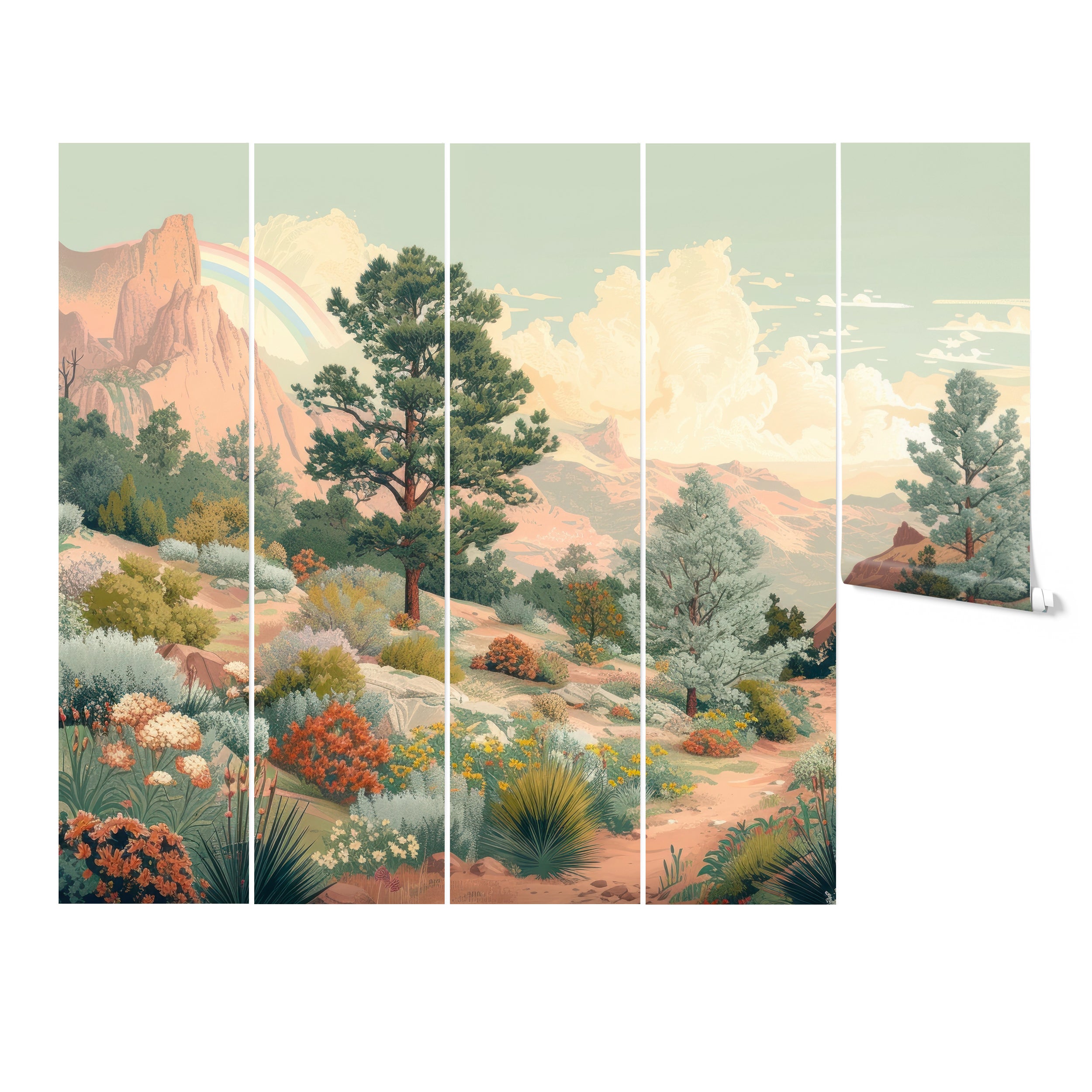 A decorative panel setup of the Desert Oasis Mural showing the complete landscape across multiple vertical panels. Each panel captures a section of the desert environment, showcasing varied vegetation and rocky terrains under a bright sky.