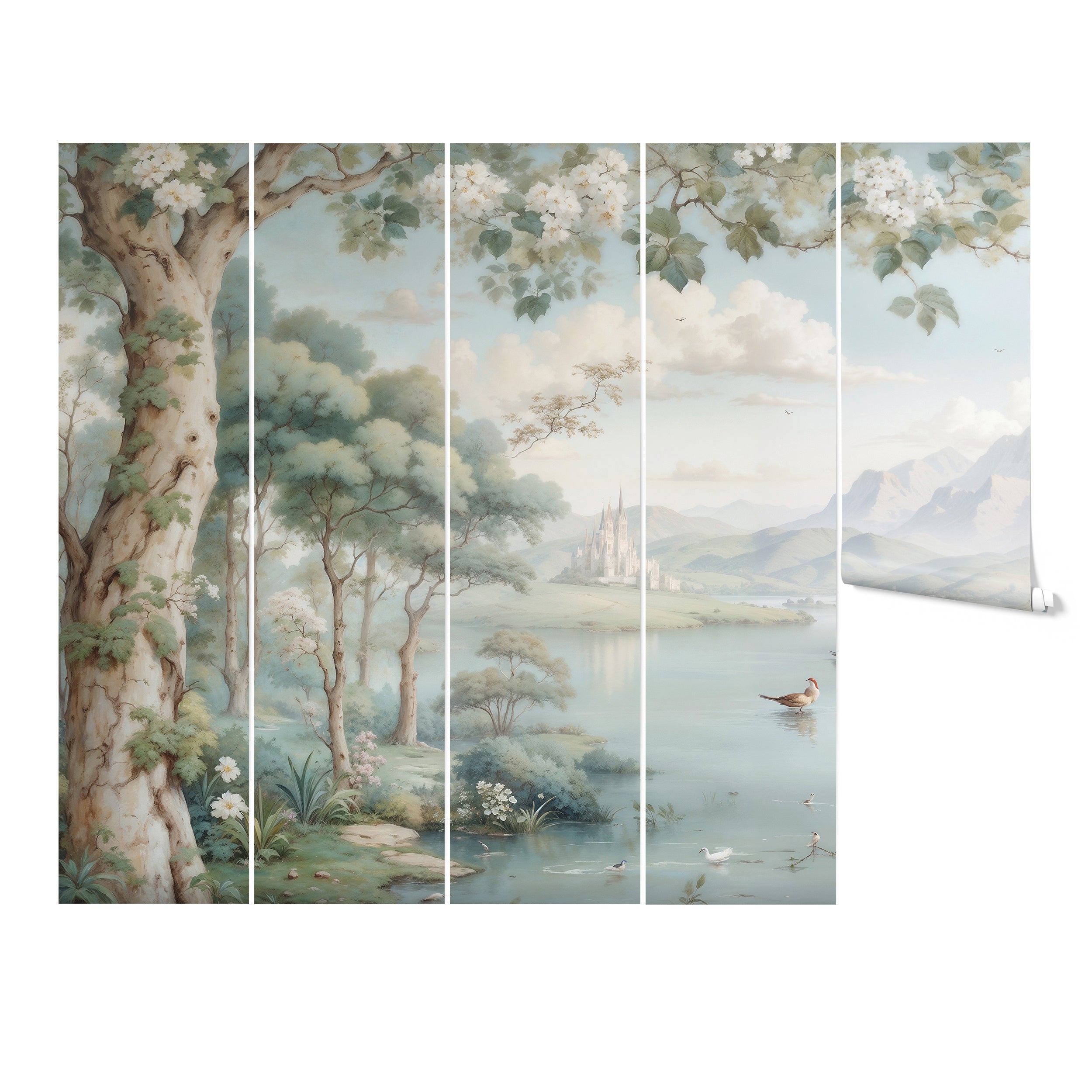 "Rolled wallpaper panels of the Chamonix Valley mural ready for installation, featuring a picturesque valley and castle landscape."
