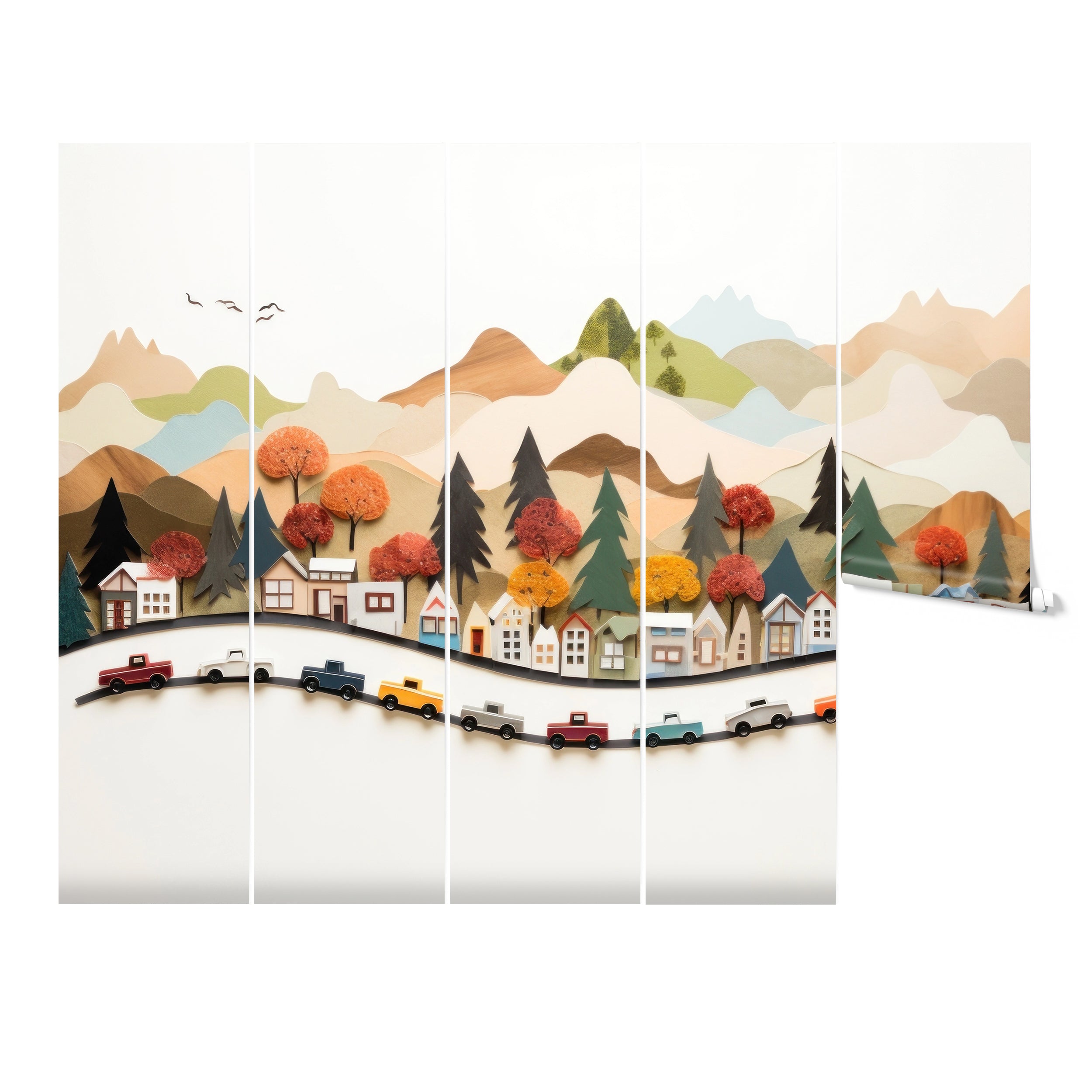 Rolled wallpaper displaying parts of a 'Craft Car Mural' with colorful autumn trees and a picturesque village landscape