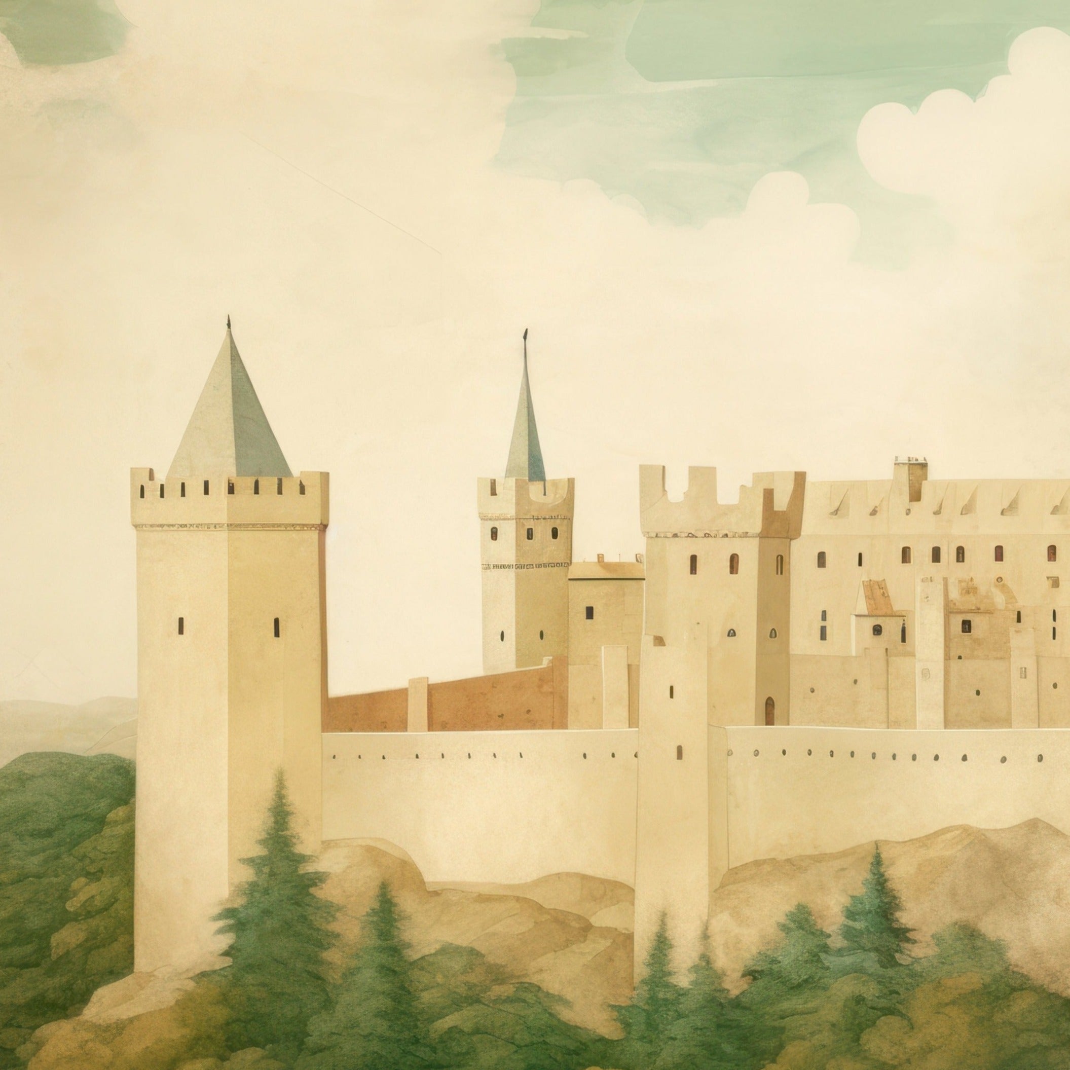 Children's room featuring 'DunBroch's Castle Mural' depicting a large medieval castle set against rolling hills and a cloudy sky."