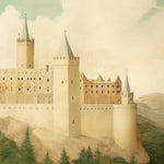 Close-up of 'DunBroch's Castle Mural' in a children's room showing detailed castle towers and fortified walls amidst lush green landscape."