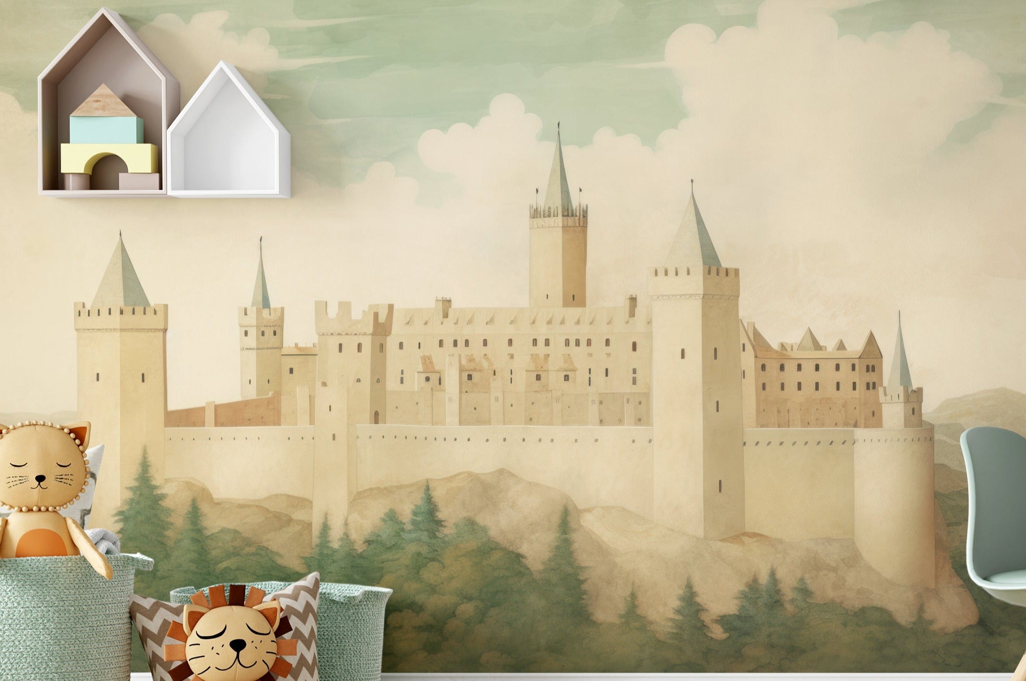 "Play area with 'DunBroch's Castle Mural' on the wall, showcasing a majestic castle and scenic hills, enhancing the medieval-themed decor."