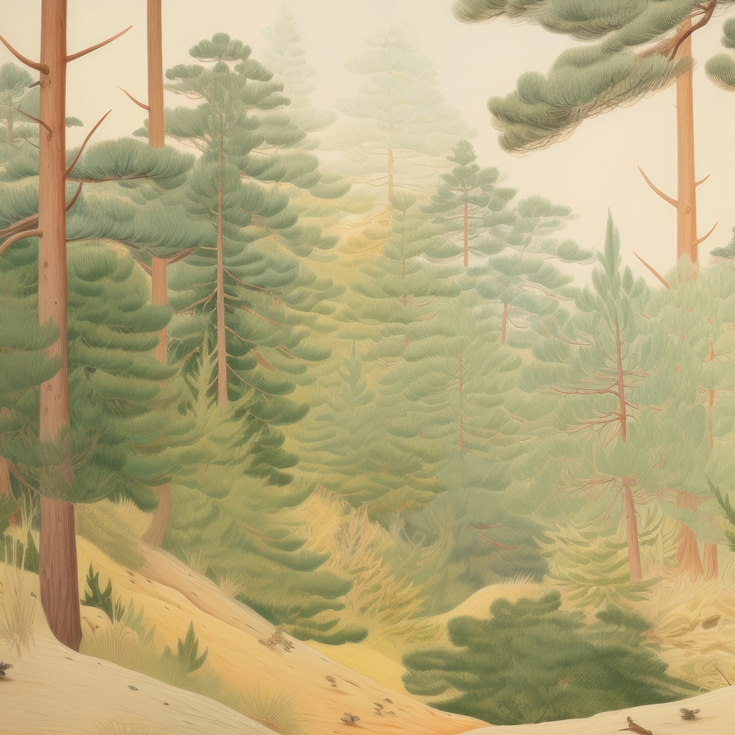 Room featuring the 'Gila Forest Mural' depicting a dense pine forest with towering trees under a serene sky, creating a tranquil atmosphere."