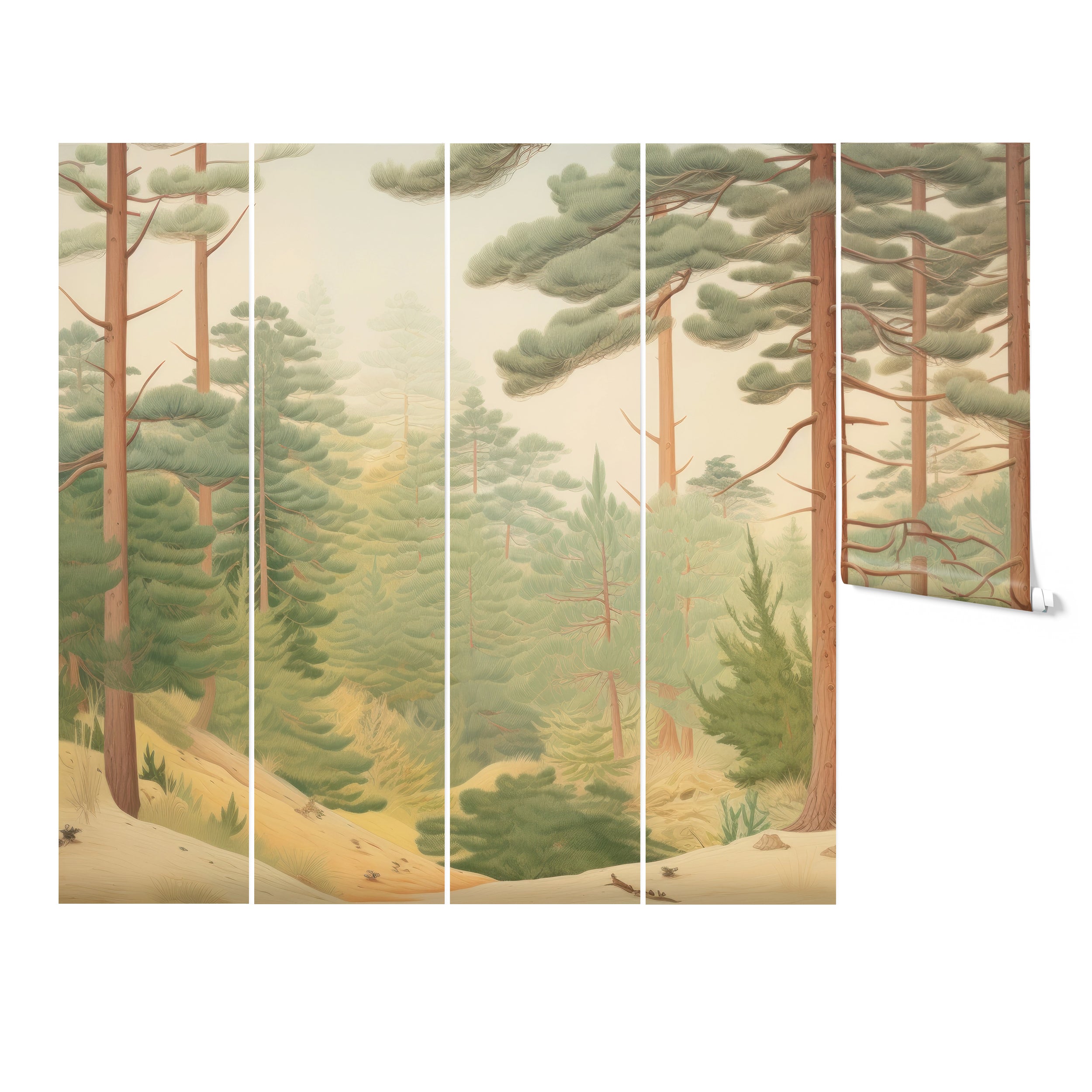 "Rolled wallpaper panels of the 'Gila Forest Mural' ready for installation, displaying an artistic rendition of a pine forest."