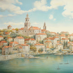 Idyllic view of Dubrovnik coastal town depicted on wallpaper mural in a children's room with plush toys and giraffe decor."