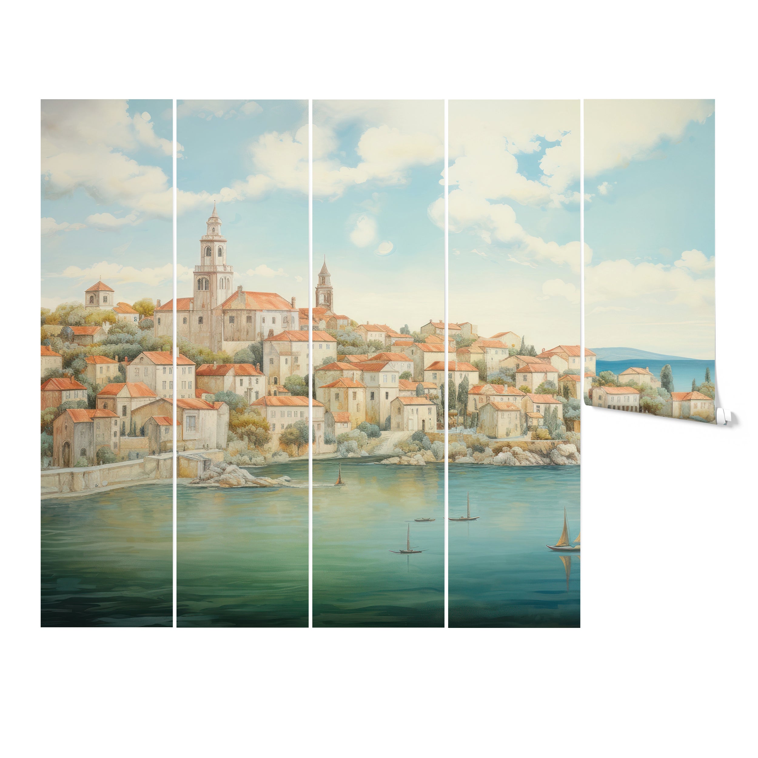 Dubrovnik Coast Mural displayed as segmented art panels in a modern home setting."