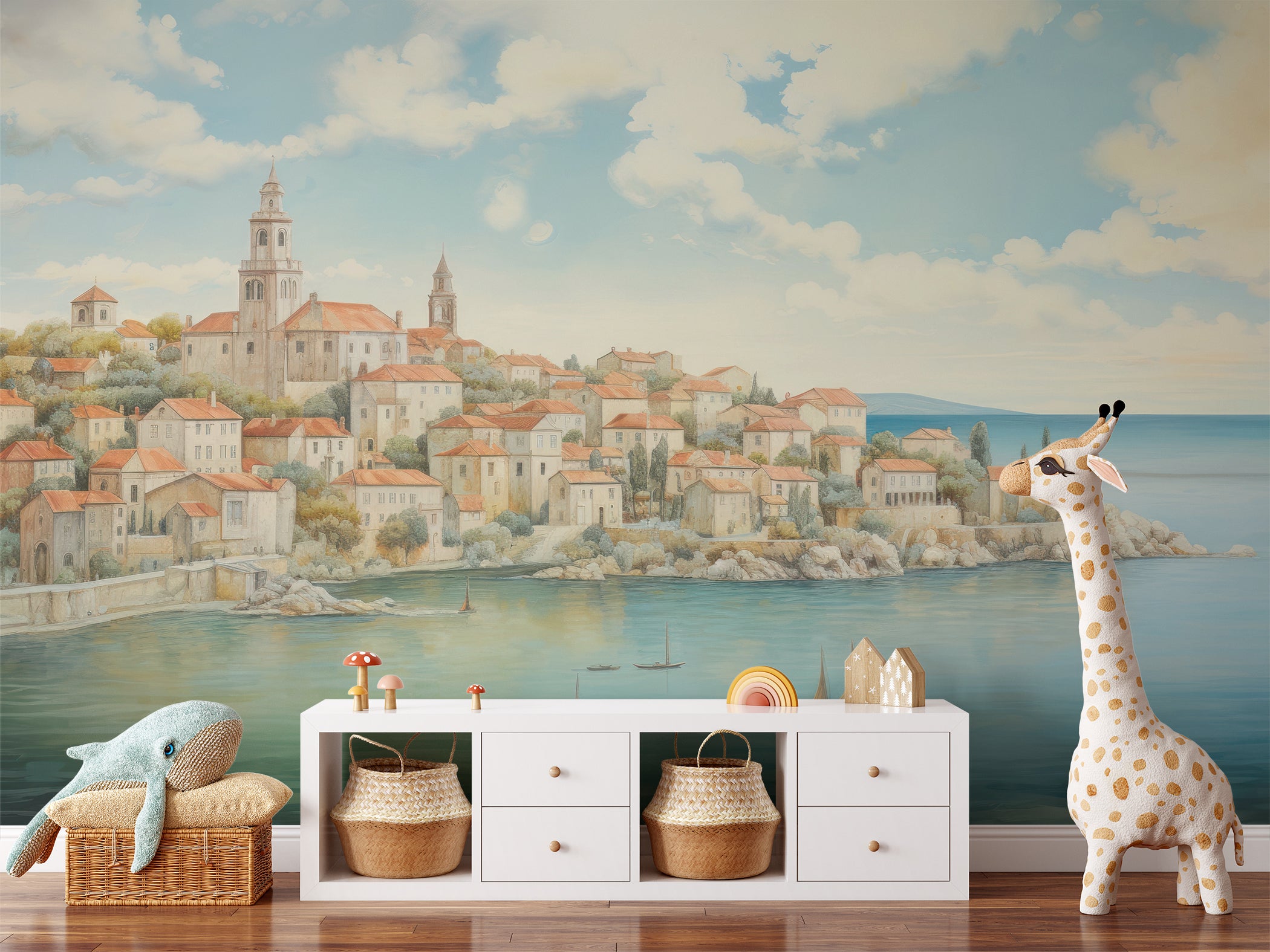Elegant nursery featuring Dubrovnik Coast Mural with floating balloons and stylish storage baskets."