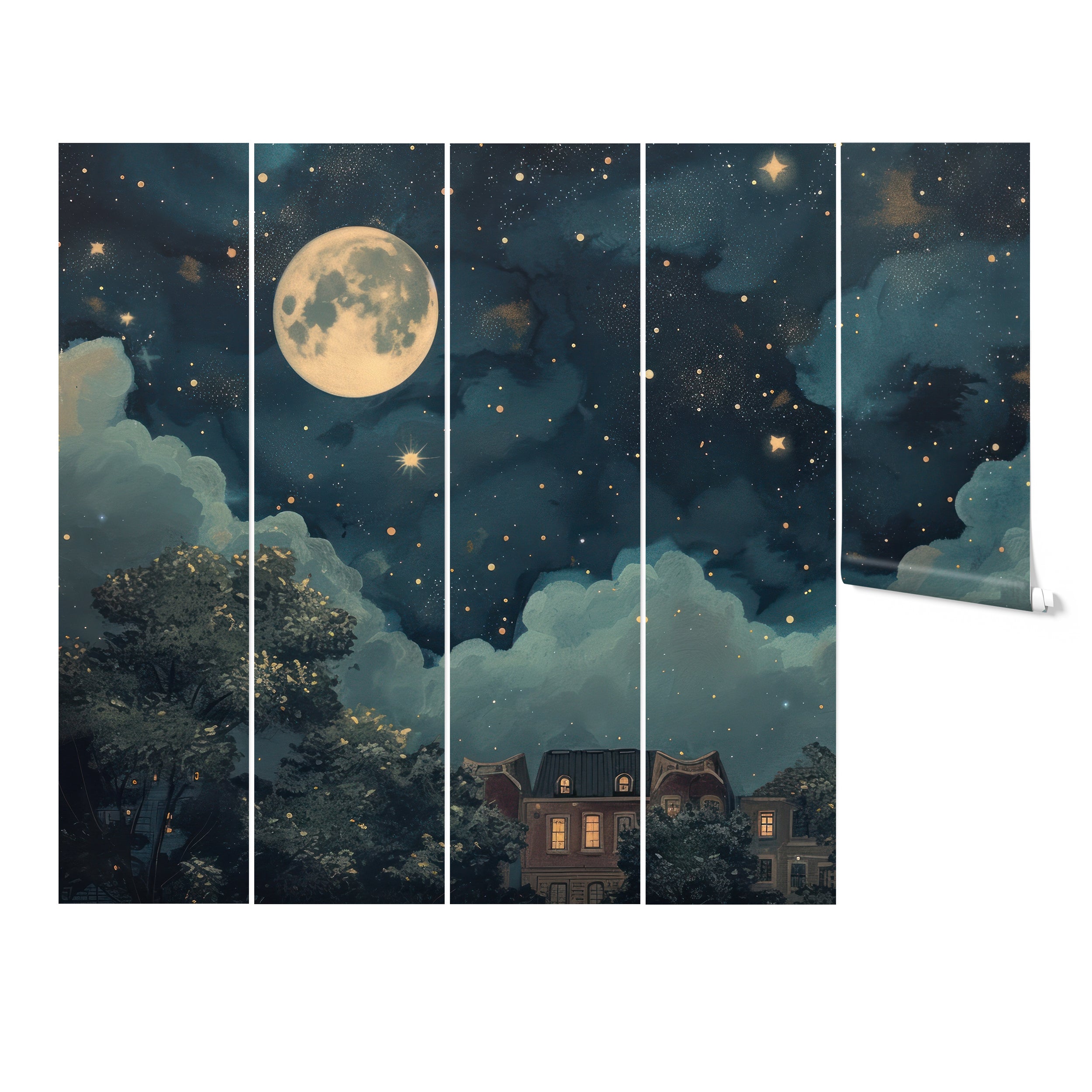 Rolled wallpaper panels of the 'Nighttime in Paris' mural ready for installation, displaying a night sky over Paris with stars and clouds.