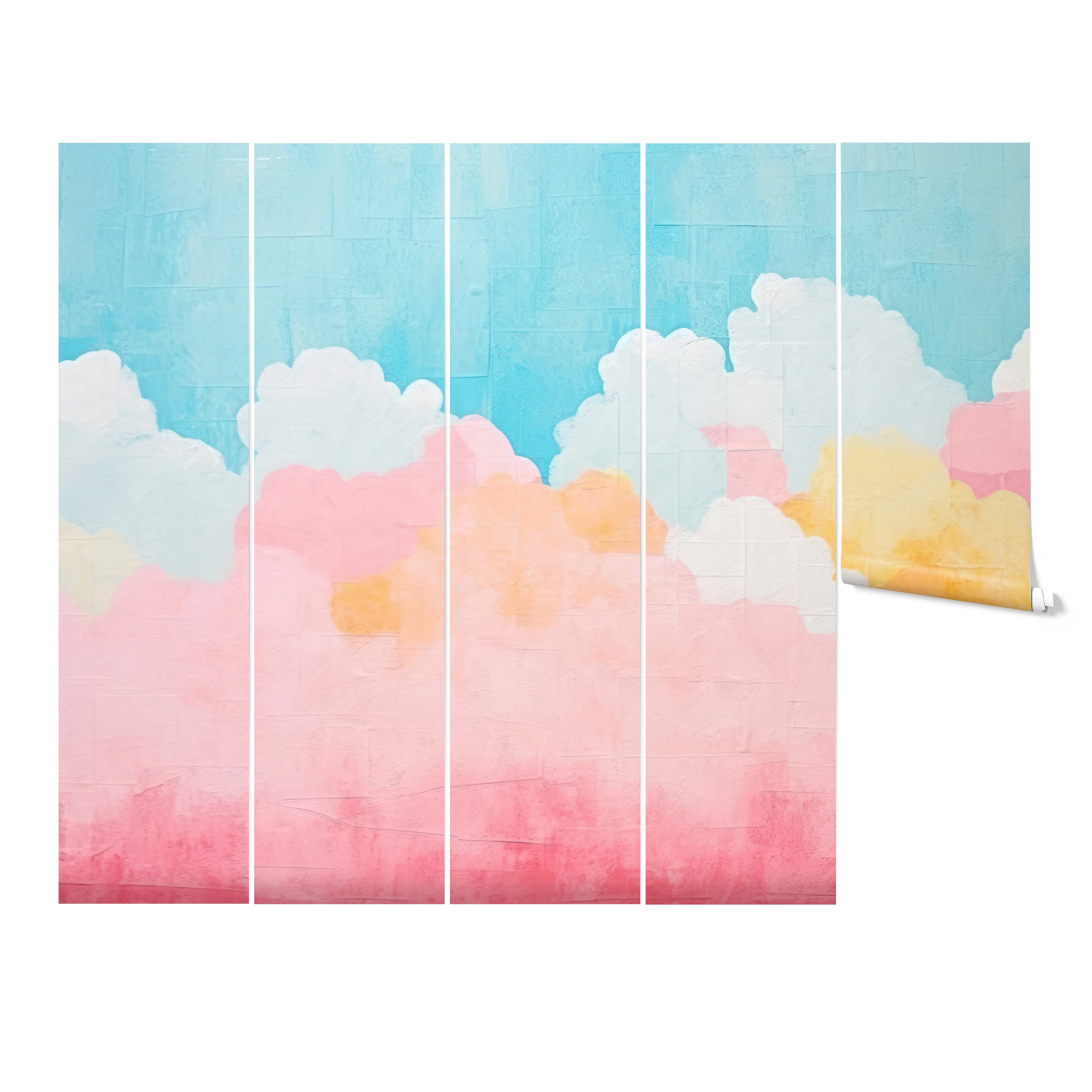 "Rolled wallpaper of the 'Candy Clouds Mural' ready for installation, displaying soft pastel clouds that promise to brighten any child's room."