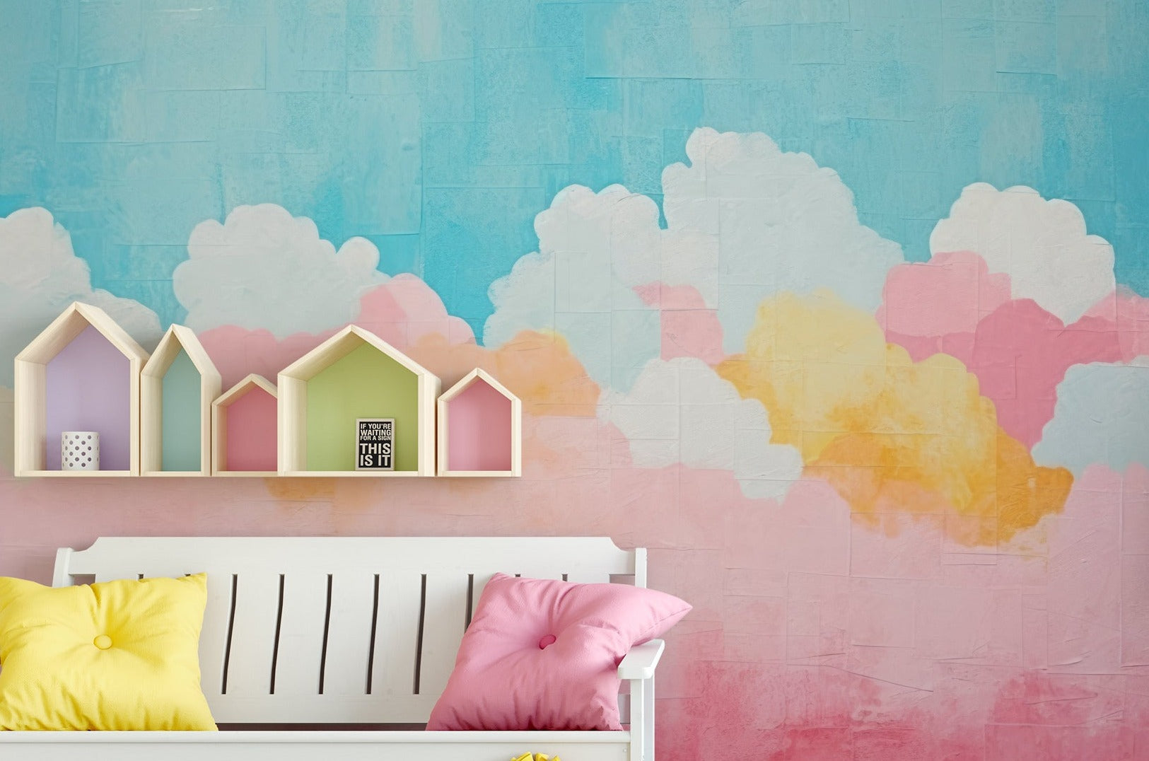 "Vibrant 'Candy Clouds Mural' in a nursery, with pastel clouds painted on the wall, enhancing the cheerful and soothing environment."