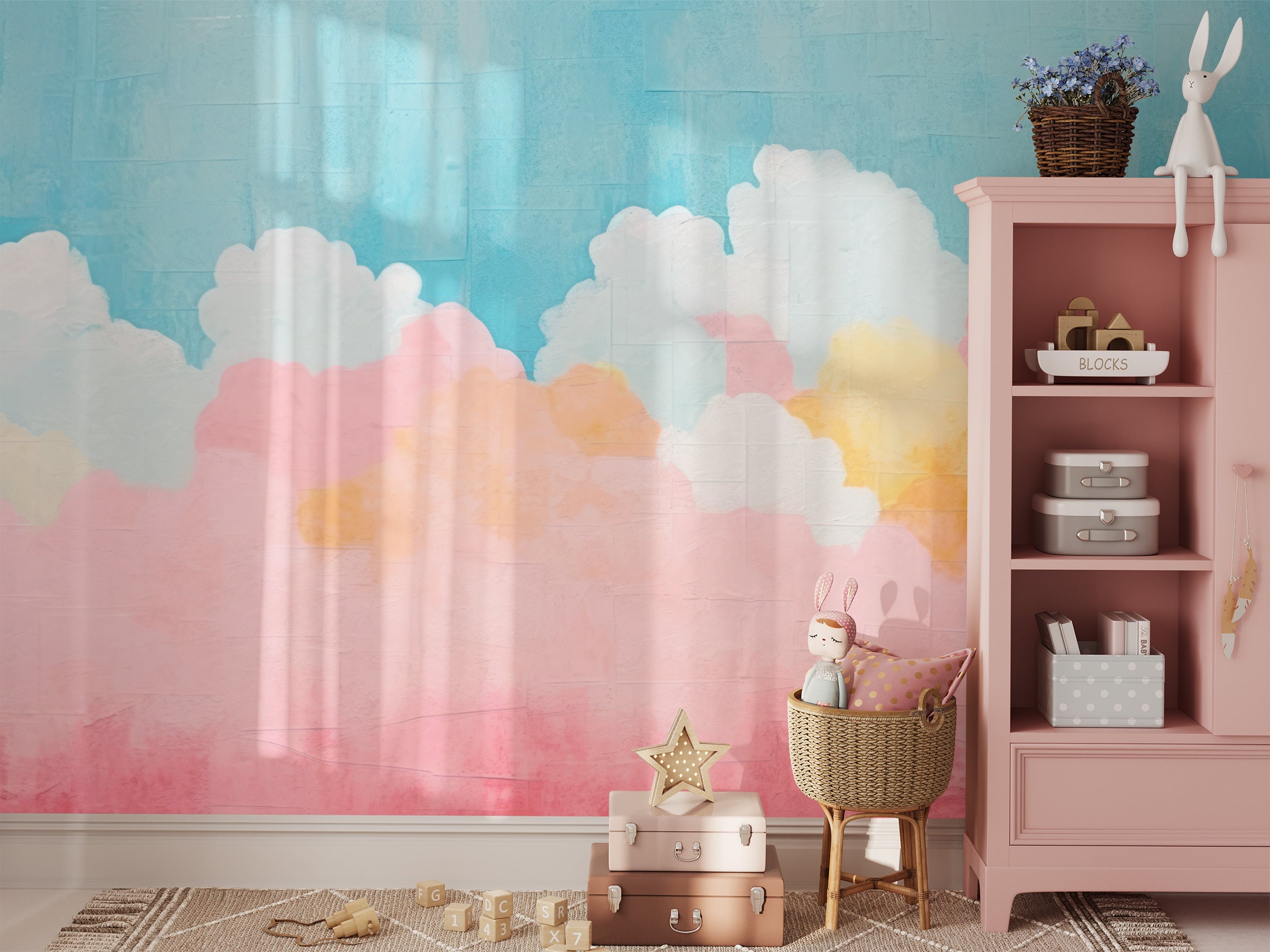 "Child's playroom featuring the 'Candy Clouds Mural' with pastel-colored clouds, complemented by soft-toned furniture and playful decor."