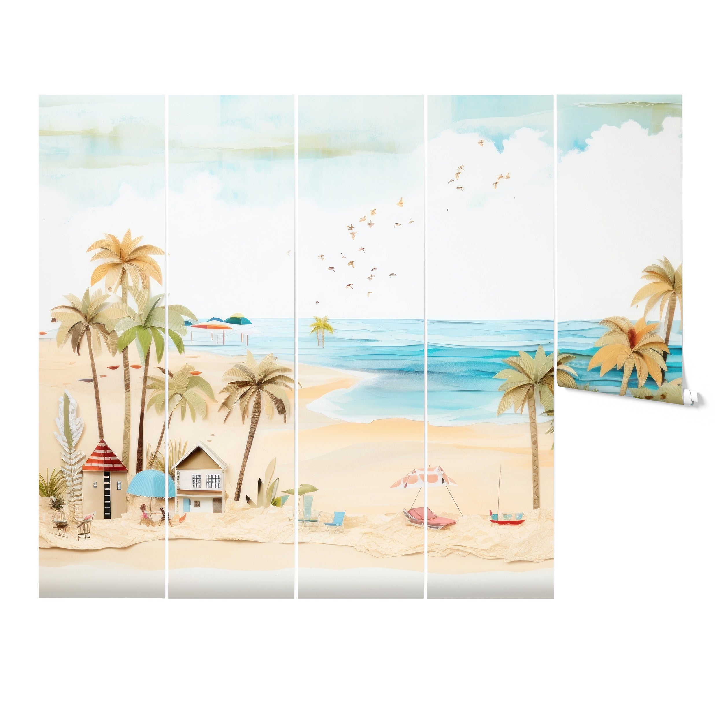 "Island Getaway wallpaper mural depicting a tranquil beach scene with palm trees and sandy shores."