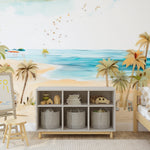 "Vivid wall mural of a serene beach landscape, enhancing the calmness of any room."