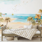 "Artistic beach mural with pastel-colored palm trees and gentle waves, ideal for home decor."