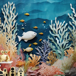 "Aquarium Mural wallpaper featuring colorful coral and fish in a blue ocean setting."