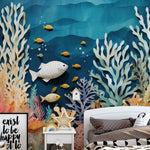 "Aquarium Mural wallpaper featuring colorful coral and fish in a blue ocean setting."