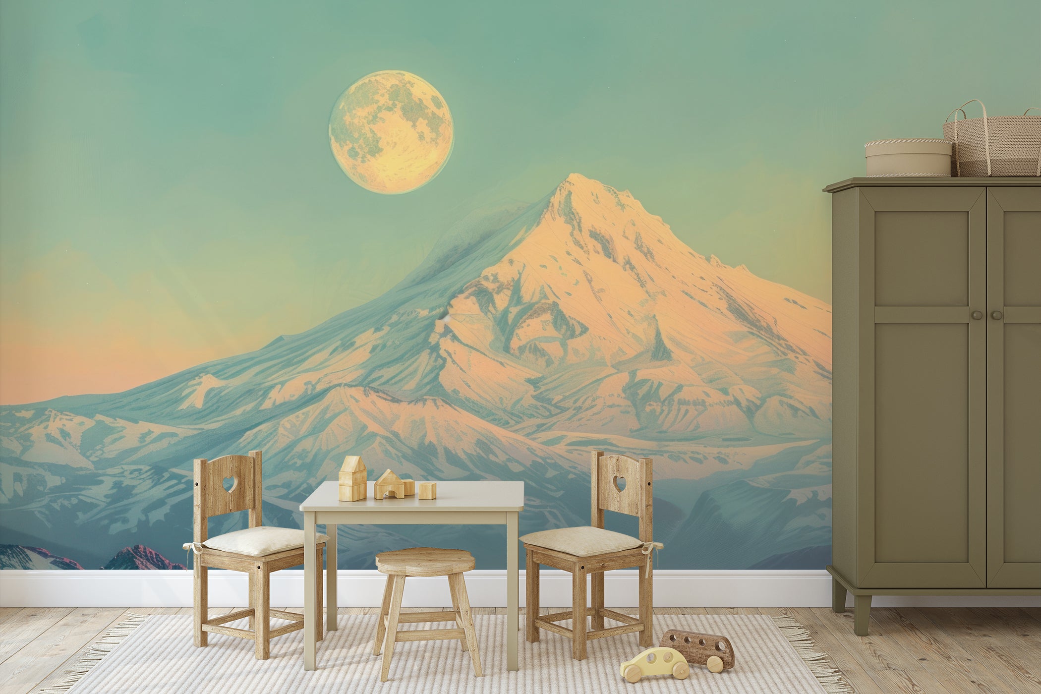 "Artistic depiction of an alpine scene with a full moon illuminating the snowy mountains."