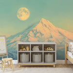 "Vibrant wall mural of a mountain landscape with dramatic moonlight and snowy peaks."