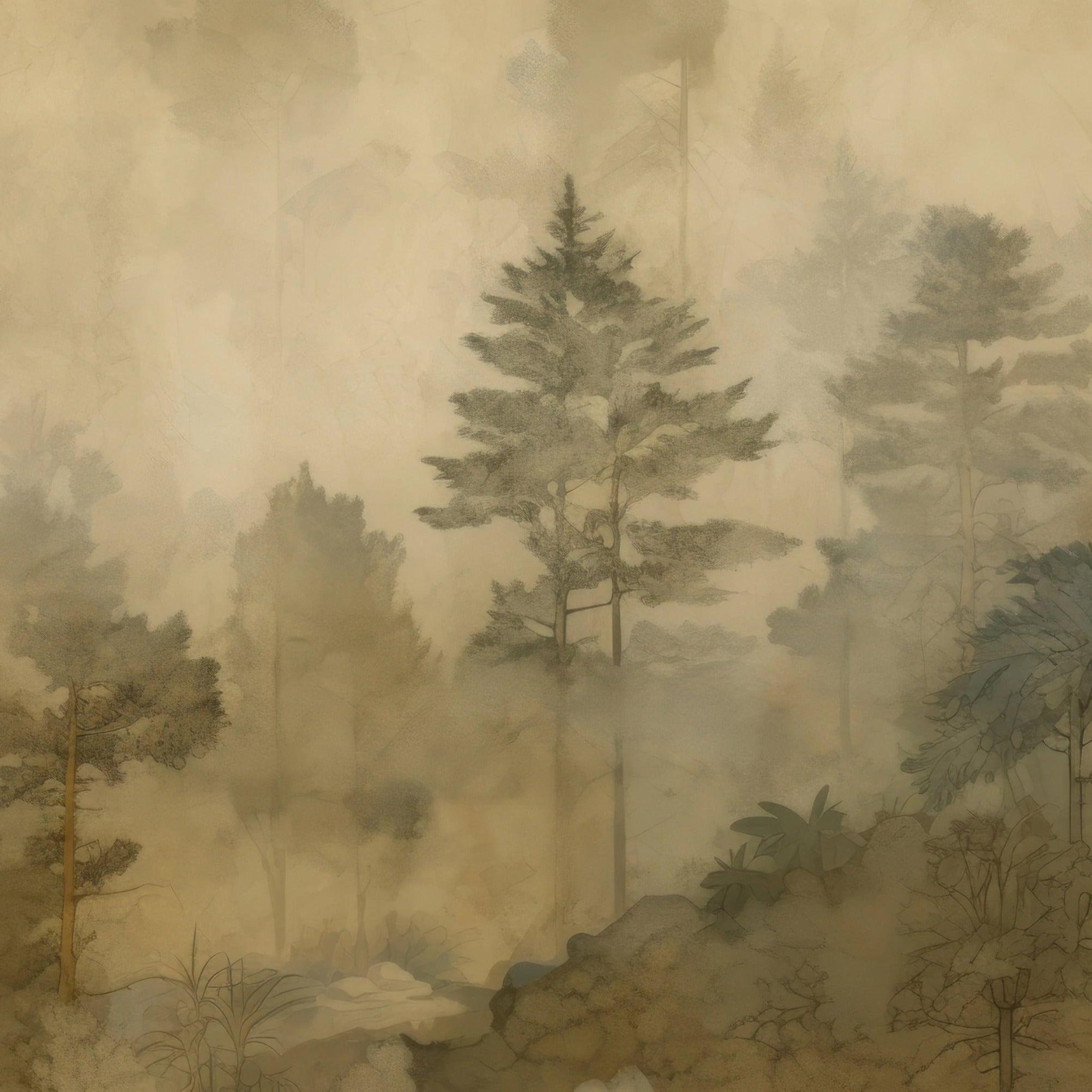 Artistic depiction of a dense, misty forest in sepia tones on a mural, evoking the tranquility of Algonquin Provincial Park."