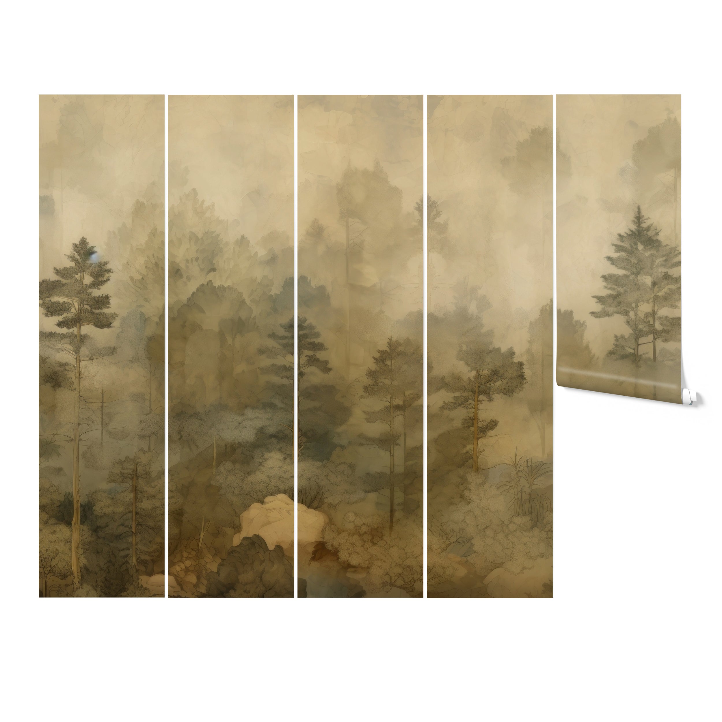 Rolled wallpaper mural with a design of a misty forest landscape, packaged for home installation."