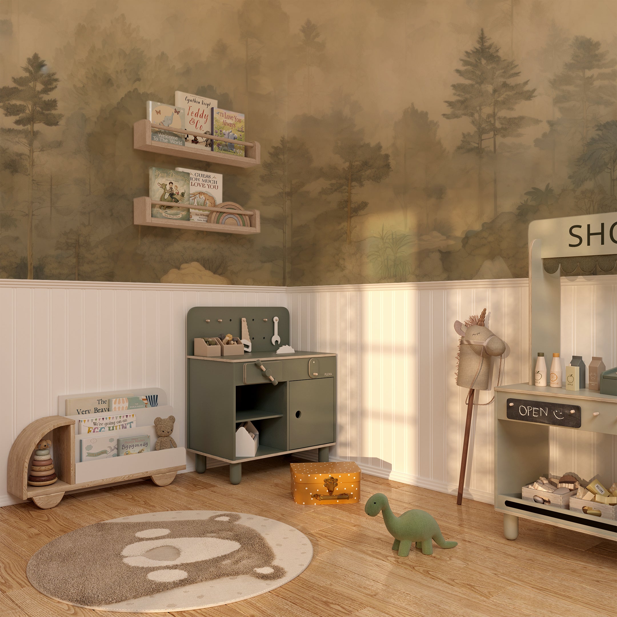Children's room featuring Algonquin mural on the wall, complemented by soft toy decorations and wooden furniture.