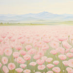 "Wallpaper mural of a tranquil meadow with pink flowers under a soft sky, ideal for relaxation spaces."