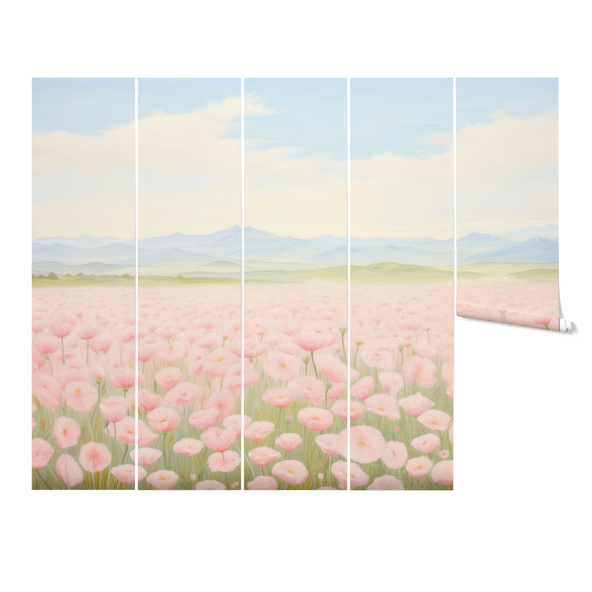 "Meadow Dreaming wallpaper mural featuring soft pink blossoms and distant mountain views."