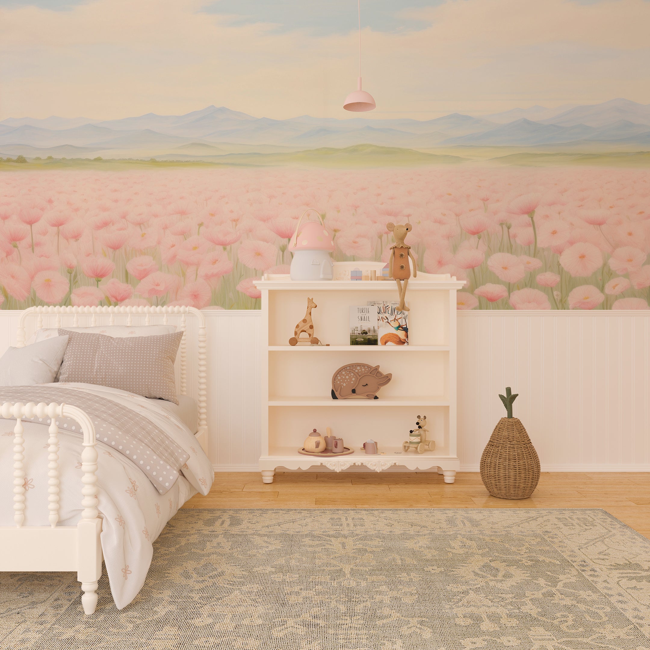 "Serene flower meadow and mountain landscape mural for peaceful home decor."