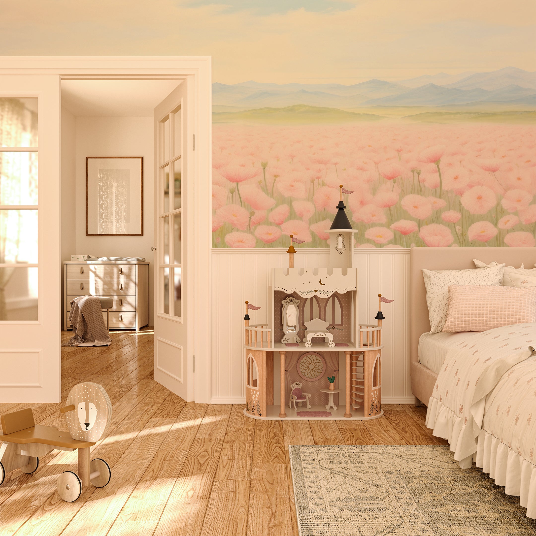 "Wallpaper mural of a tranquil meadow with pink flowers under a soft sky, ideal for relaxation spaces."\