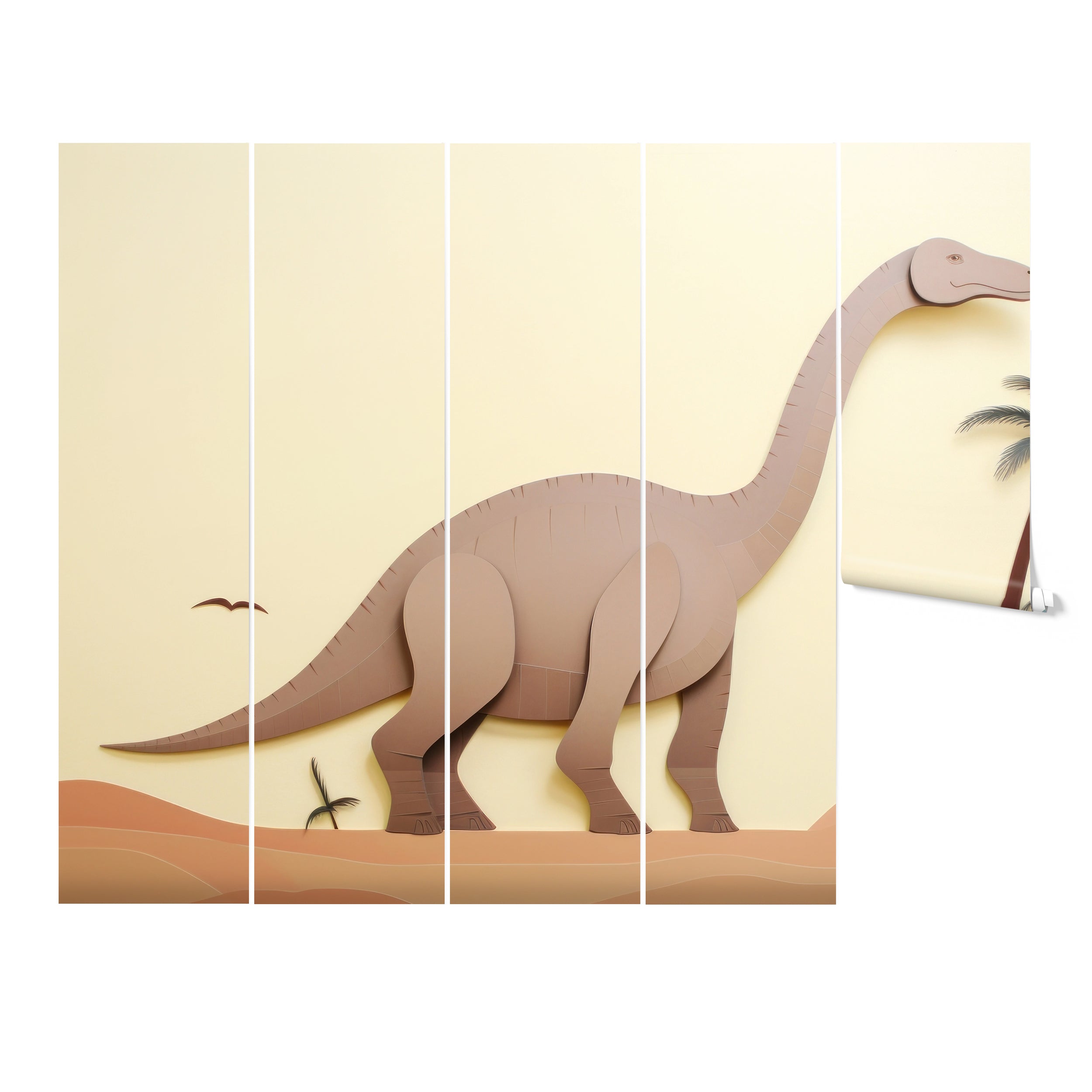 "Dinosaur Adventure wallpaper mural with a friendly dinosaur and palm trees in a playful design."