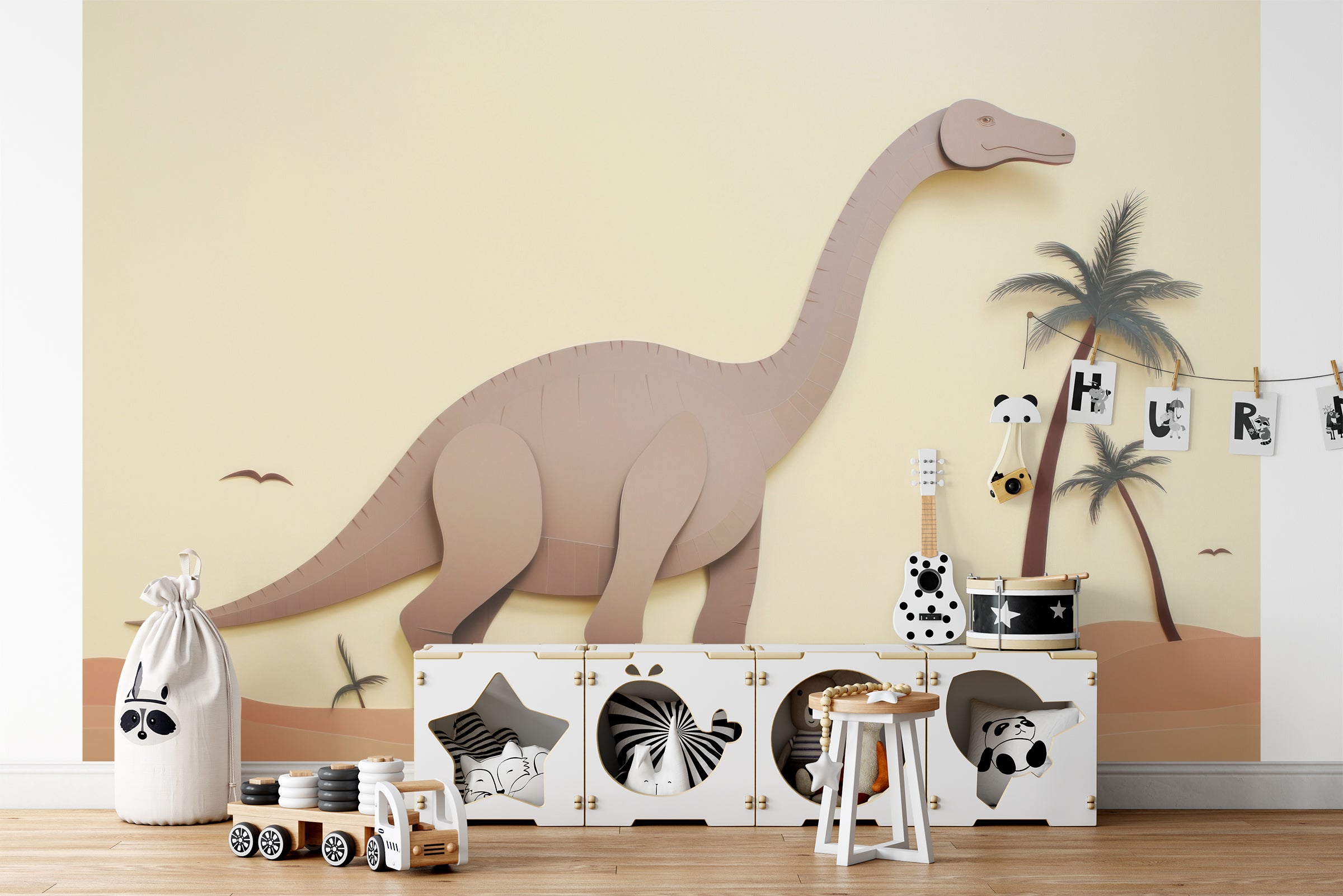 "Artistic wall mural of a gentle dinosaur in a Jurassic landscape, perfect for educational and decorative purposes."