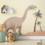 "Children's room wall mural featuring a cartoon dinosaur in a pastel-colored prehistoric setting."