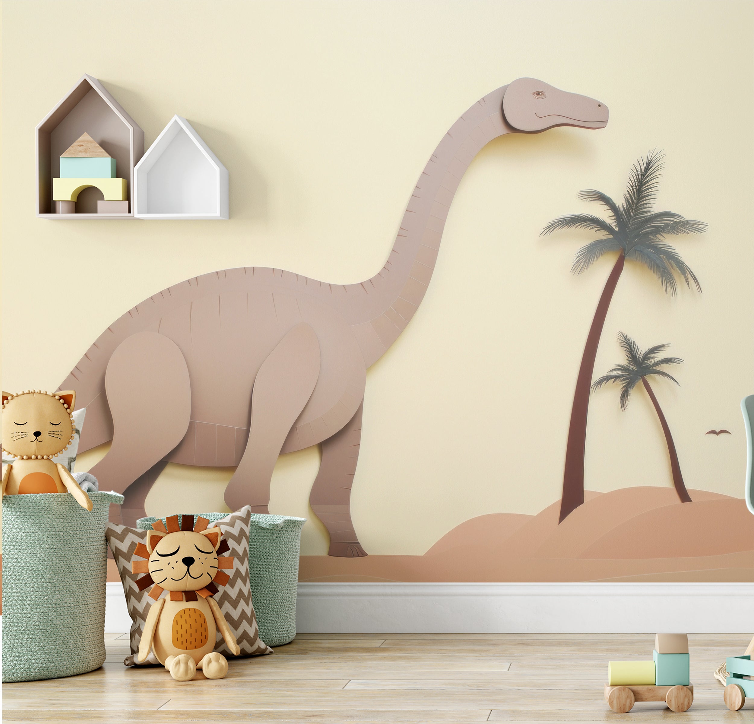 "Children's room wall mural featuring a cartoon dinosaur in a pastel-colored prehistoric setting."