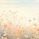 Soft pastel wildflower meadow mural with hues of peach and cream against a misty sky."