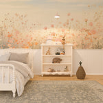 "Bright and airy children's bedroom showcasing the wildflower meadow mural with white furniture."