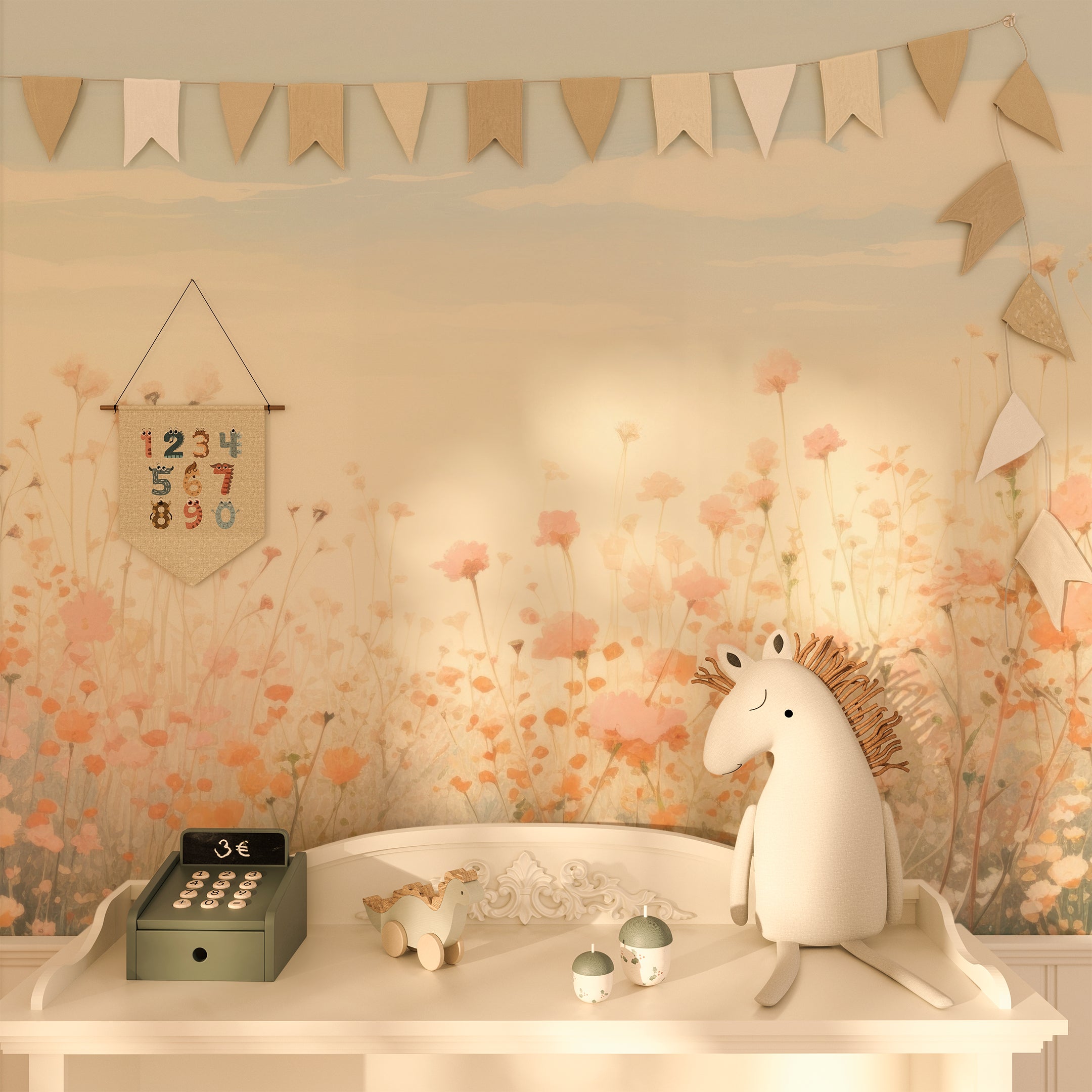 "Wildflower meadow mural in a children's room setting with toys and decorative items."