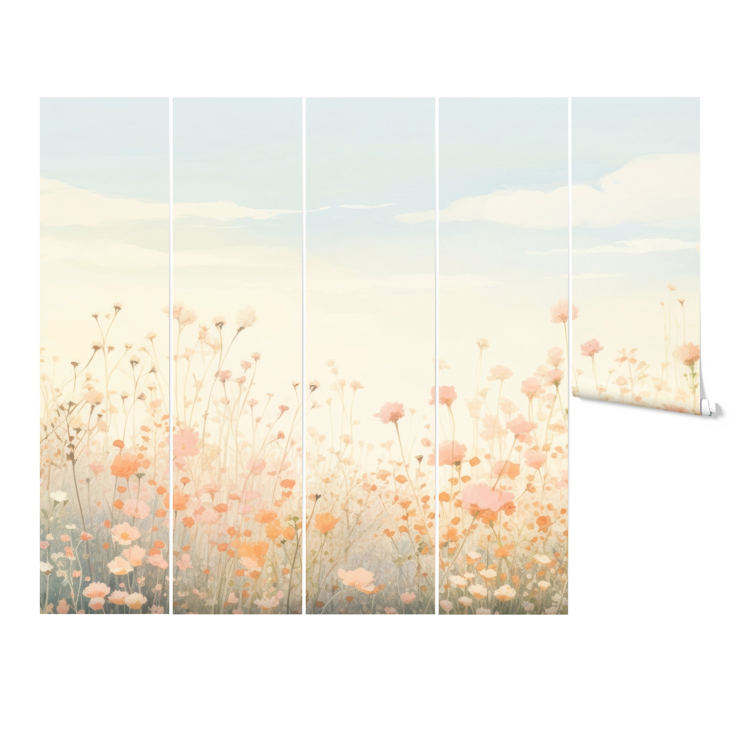 "Packaged rolls of wildflower meadow wallpaper mural featuring floral and pastel designs."