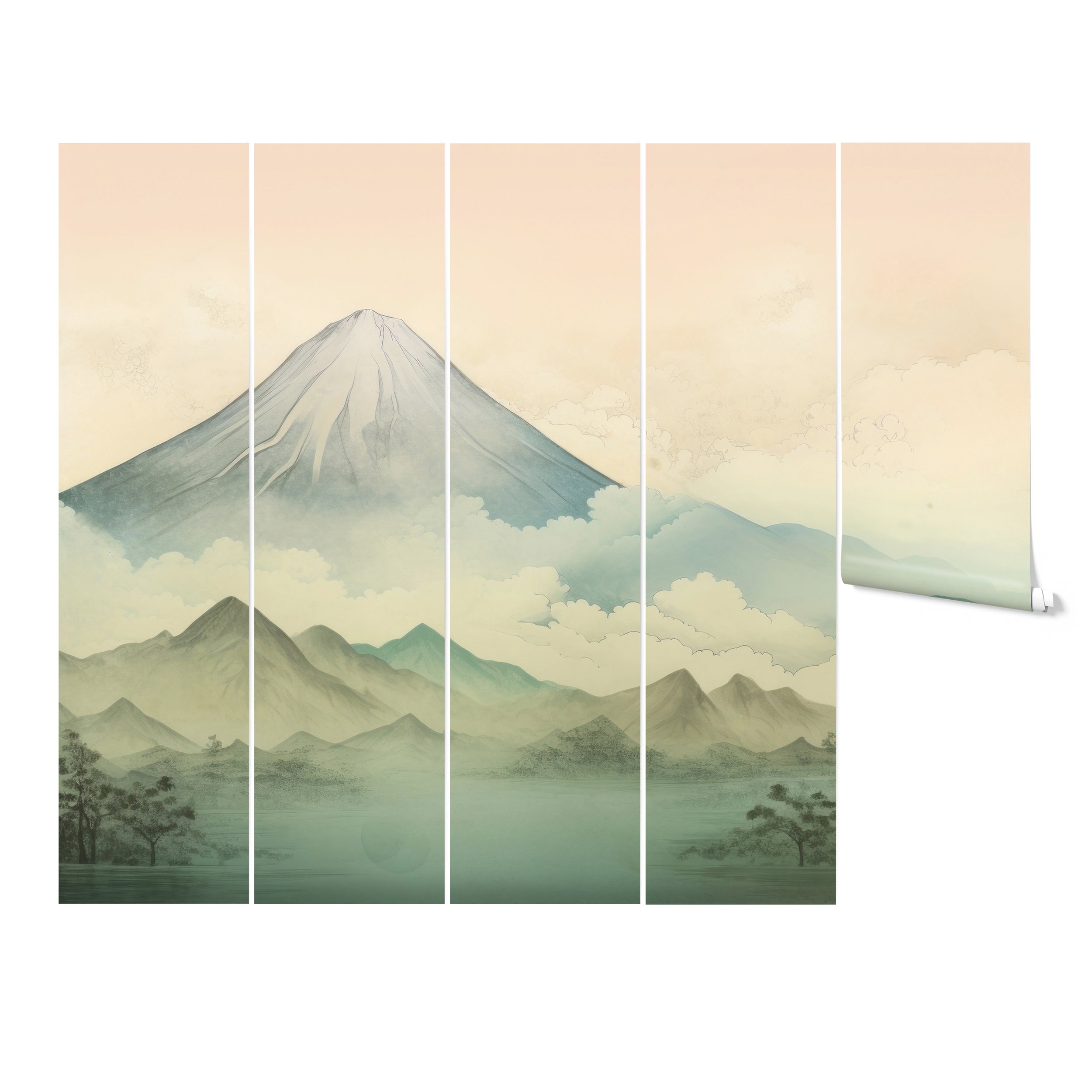 Above the Clouds mural featuring a majestic mountain peak emerging above soft, pastel-colored clouds with subtle details of trees in the foreground.