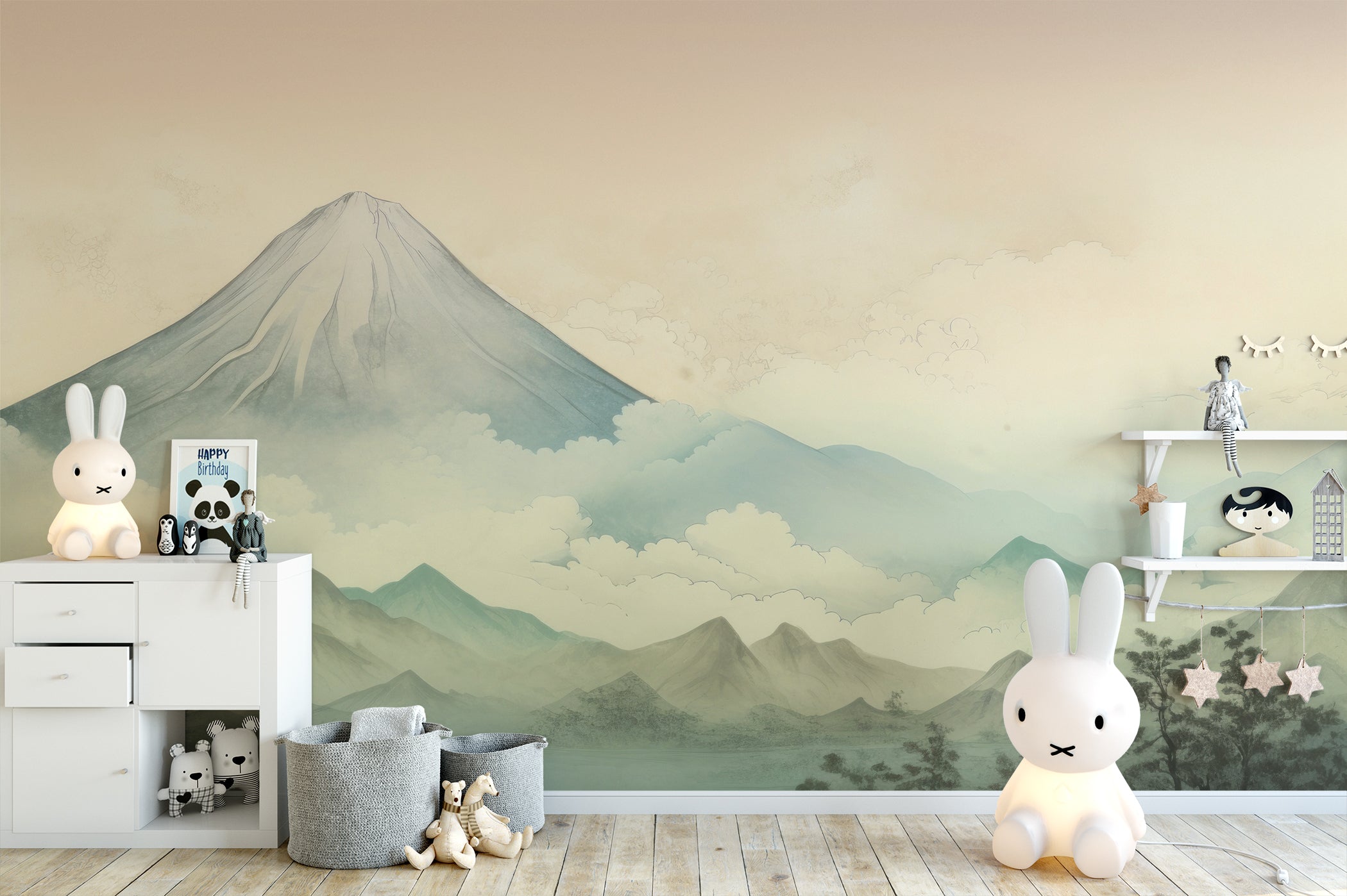 Children's room with 'Above the Clouds' mural on the wall, featuring a tranquil mountain scene above clouds, enhancing the serene ambiance of the space.